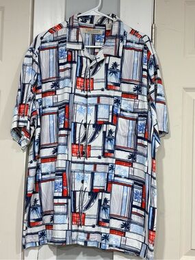 Island Republic White Blue Red Geometric Palm Camp Shirt